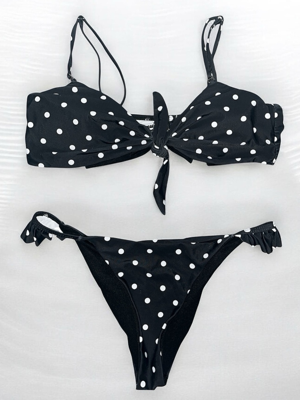 SHEIN Black & White Polka Dot Tie-Front Bikini